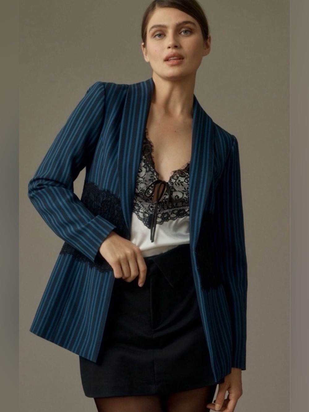 Maeve Anthropologie Lace Mix Pinstripe Blazer Blue Black Striped Jacket US 10